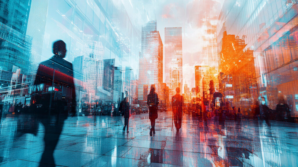 City skyline blended with dynamic movement light trails.