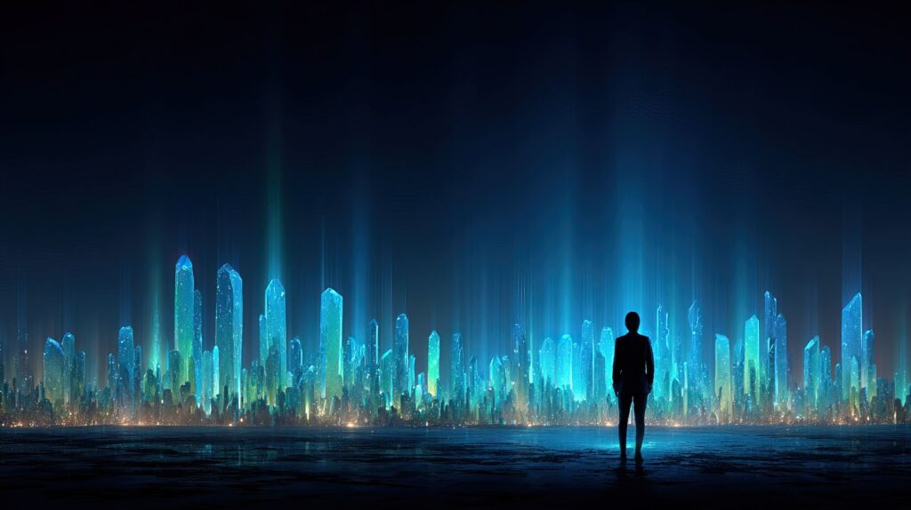 Silhouette facing a glowing futuristic cityscape.